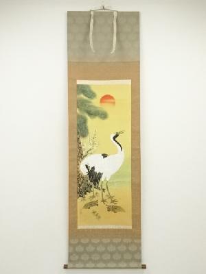 渓雲筆　松竹梅鶴亀　肉筆絹本掛軸（共箱）